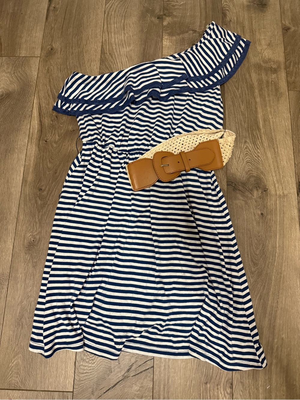 Rewind Navy and White One-Shoulder Striped Dress with Woven Tan Belt